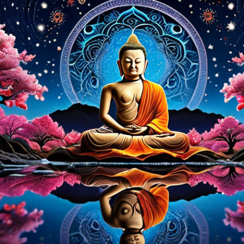 Home 4 **
A serene river flowing endlessly, reflecting a starlit night sky. Above, the faint outline of a Buddhist mandala shimmers. Below, intertwined roots represent past lives, while vibrant blossoms symbolize the potential for enlightenment. The overall mood is hopeful and cyclical.
**