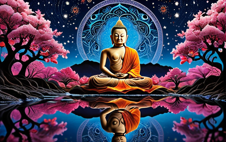 **
A serene river flowing endlessly, reflecting a starlit night sky. Above, the faint outline of a Buddhist mandala shimmers. Below, intertwined roots represent past lives, while vibrant blossoms symbolize the potential for enlightenment. The overall mood is hopeful and cyclical.
**