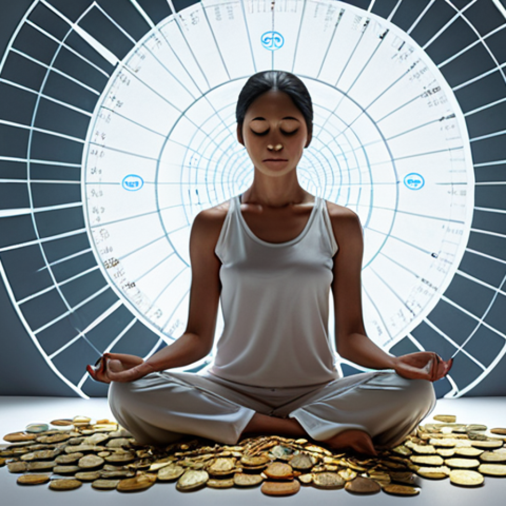 A serene individual sitting in a meditative posture, with abstract, non-chaotic financial elements like calm flowing charts or softly glowing coins subtly integrated into the background, symbolizing inner peace and mindful financial decision-making. The atmosphere is tranquil and reflective, emphasizing personal control over economic impulses and stress.