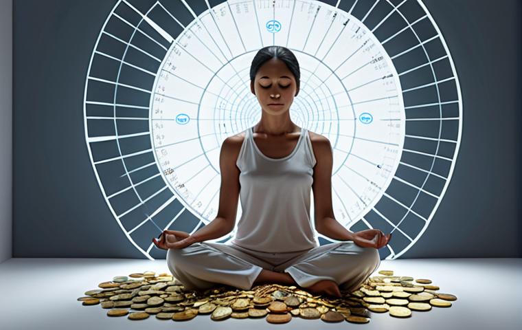 A serene individual sitting in a meditative posture, with abstract, non-chaotic financial elements like calm flowing charts or softly glowing coins subtly integrated into the background, symbolizing inner peace and mindful financial decision-making. The atmosphere is tranquil and reflective, emphasizing personal control over economic impulses and stress.