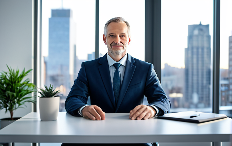 A professional adult individual, fully clothed in a modest business suit, sitting peacefully at a clean desk in a modern, brightly lit office. The background subtly features blurred urban city lights through a large window, conveying a sense of calm amidst a busy world. The subject is in a natural pose, exhibiting perfect anatomy, correct proportions, well-formed hands, and proper finger count. Professional photography, high-resolution, natural light, soft focus. Safe for work, appropriate content, professional, family-friendly.