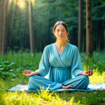 **

A serene woman in a modest, flowing dress, sitting in a lotus position in a sunlit forest clearing, fully clothed, appropriate attire, safe for work, perfect anatomy, natural proportions, professional photography, peaceful expression, forest background, soft lighting, family-friendly.

**