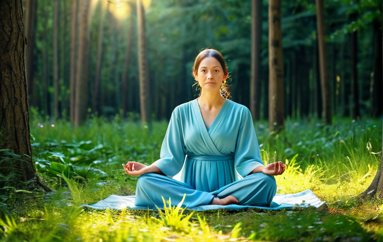 **

A serene woman in a modest, flowing dress, sitting in a lotus position in a sunlit forest clearing, fully clothed, appropriate attire, safe for work, perfect anatomy, natural proportions, professional photography, peaceful expression, forest background, soft lighting, family-friendly.

**