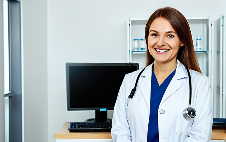 **

"A professional female doctor in a modern, well-lit clinic in Moscow. She is wearing a clean, white lab coat and a stethoscope. She is smiling warmly and looking directly at the viewer. Background includes medical equipment and a friendly atmosphere. Fully clothed, appropriate attire, safe for work, perfect anatomy, professional photography, high quality, family-friendly."

**