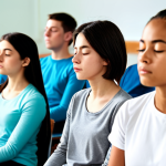 불교와 교육 - "A group of fully clothed students participating in a mindfulness exercise in a modern classroom. Th...