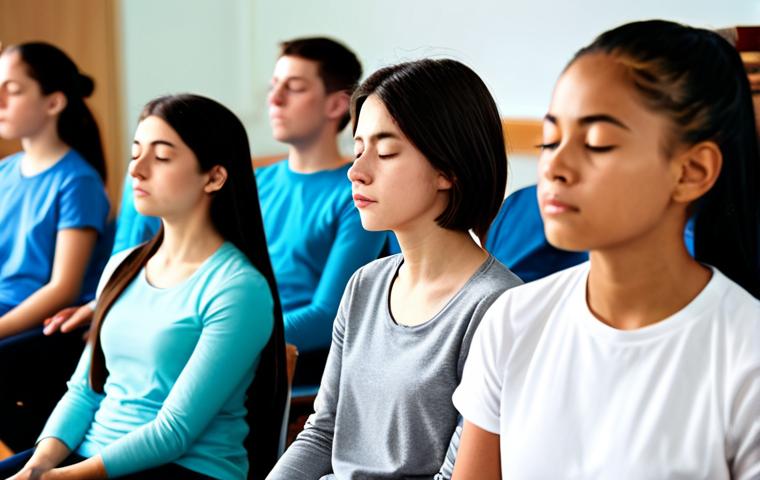 불교와 교육 - "A group of fully clothed students participating in a mindfulness exercise in a modern classroom. Th...