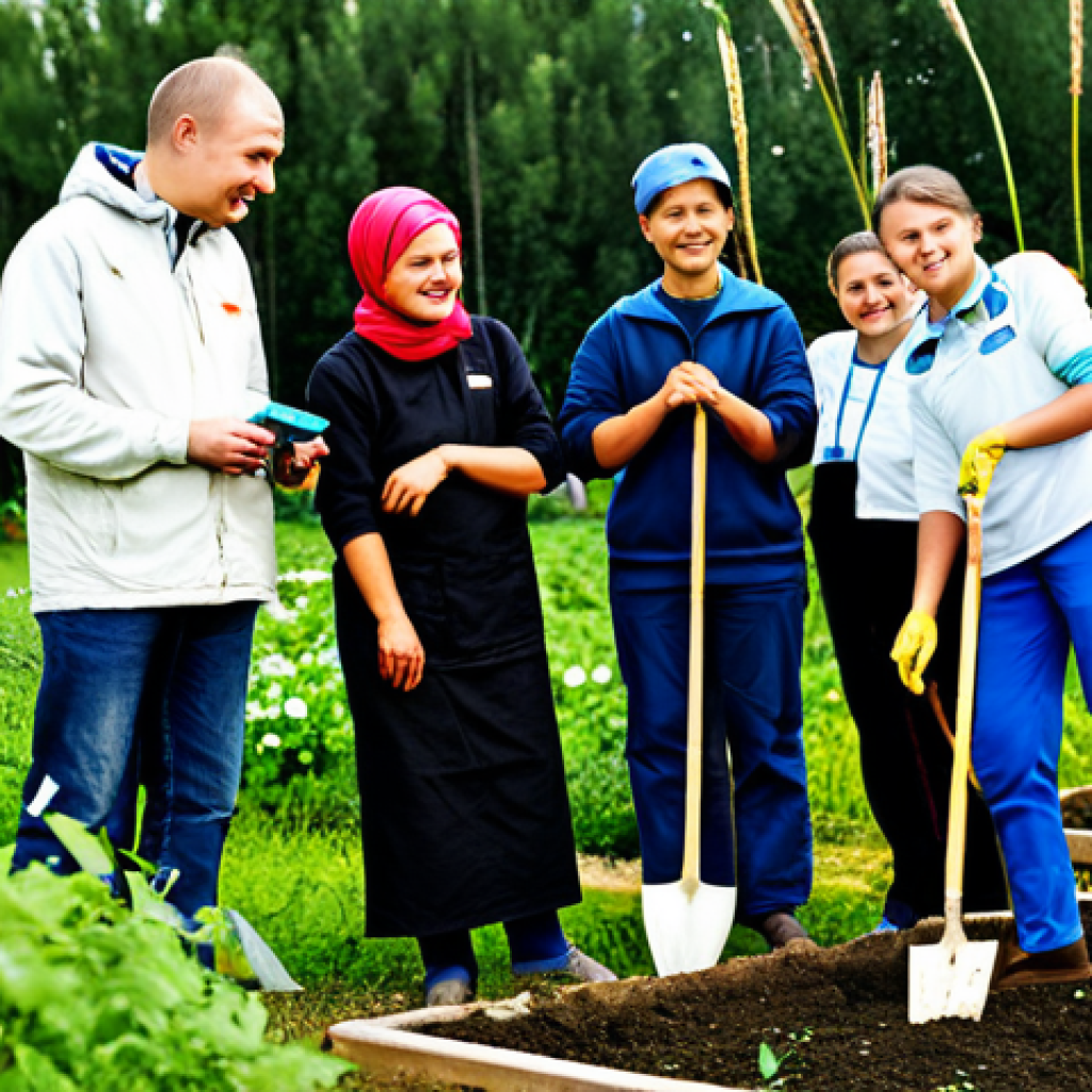 불교와 사회 정의 - **Image:** A diverse group of volunteers, fully clothed in modest attire, working together in a comm...