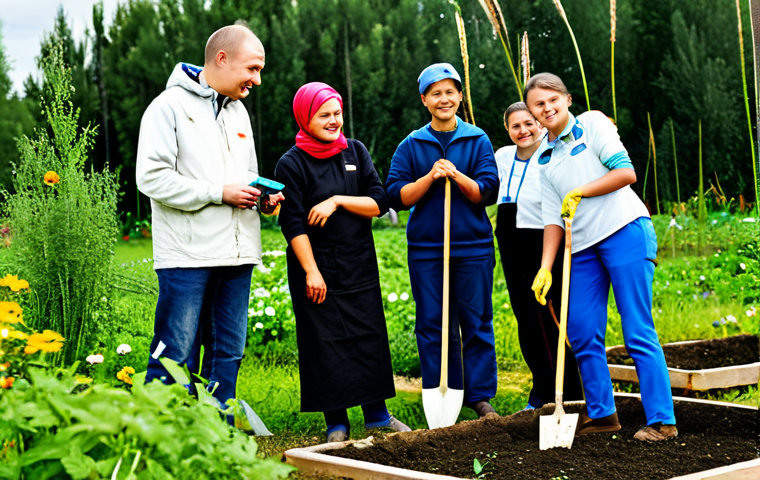 불교와 사회 정의 - **Image:** A diverse group of volunteers, fully clothed in modest attire, working together in a comm...
