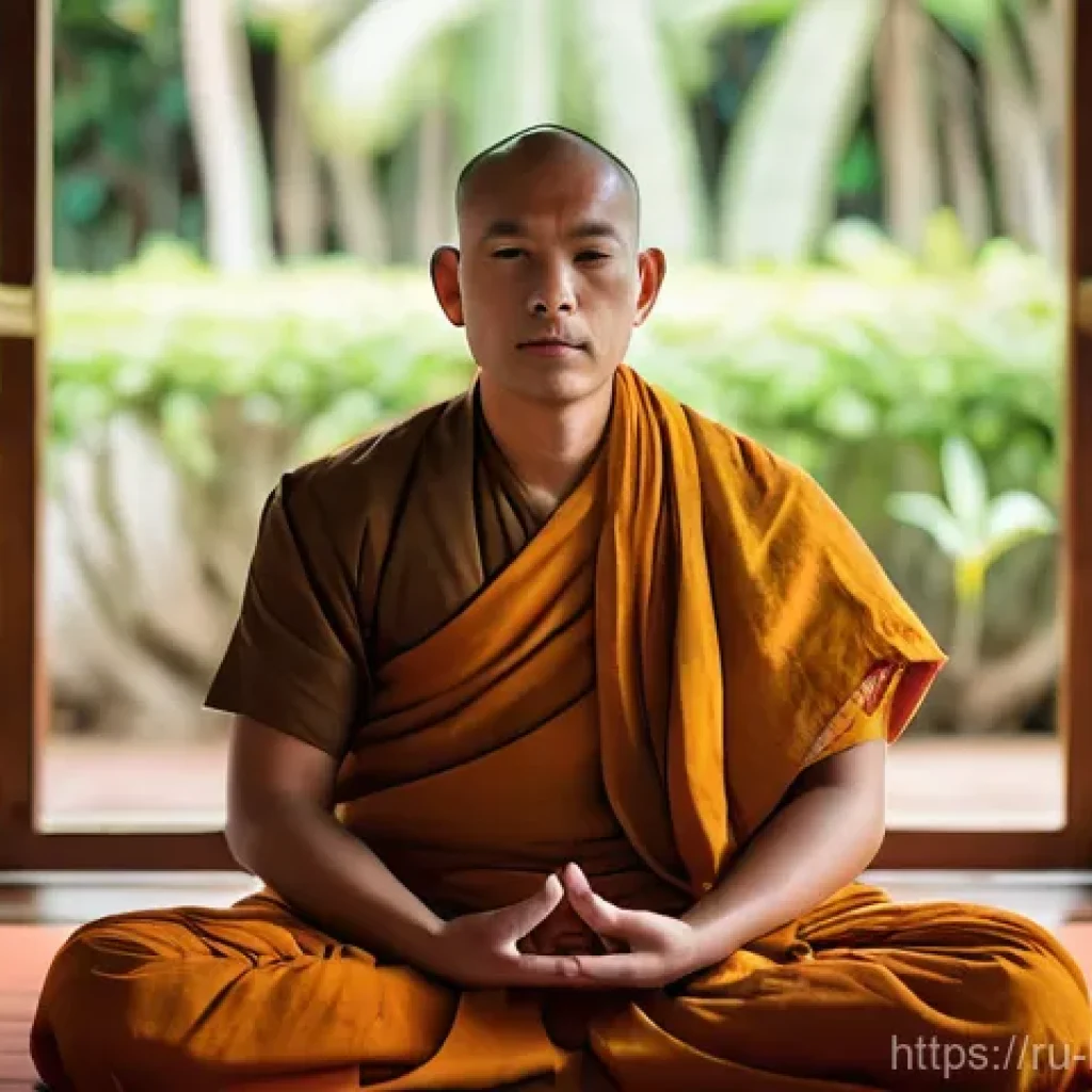 대승불교와 소승불교의 차이 - A serene and deeply focused male Theravada monk, approximately 40 years old, meditating peacefully i...