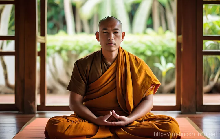 대승불교와 소승불교의 차이 - A serene and deeply focused male Theravada monk, approximately 40 years old, meditating peacefully i...