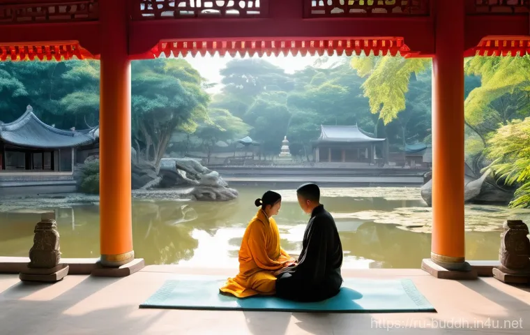 대승불교와 소승불교의 차이 - A compassionate female Bodhisattva figure, depicted with a gentle, benevolent expression, standing i... 대승불교와 소승불교의 차이 - A compassionate female Bodhisattva figure, depicted with a gentle, benevolent expression, standing i...