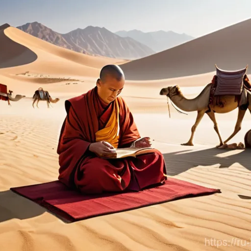 실크로드와 불교 - A captivating scene on the ancient Silk Road, illustrating the profound exchange of spiritual ideas ...