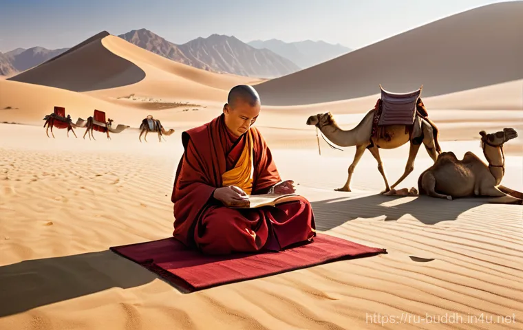 실크로드와 불교 - A captivating scene on the ancient Silk Road, illustrating the profound exchange of spiritual ideas ...