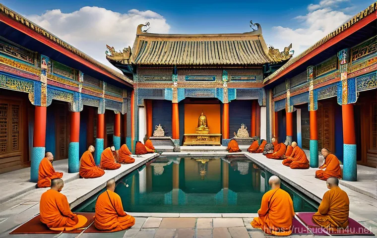 실크로드와 불교 - A captivating scene on the ancient Silk Road, illustrating the profound exchange of spiritual ideas ...