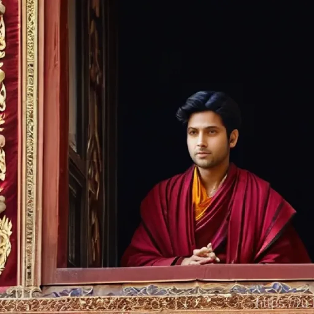 부처님의 생애 - **Prompt:** A young Prince Siddhartha, in his lavish but subtly restrictive royal palace, stands by ...