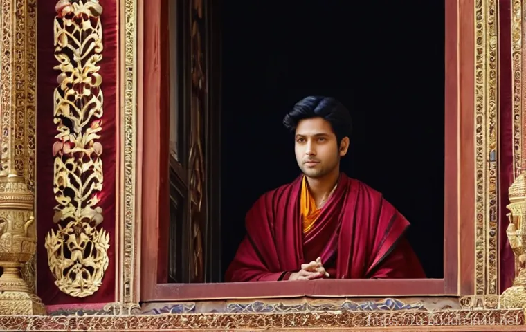 부처님의 생애 - **Prompt:** A young Prince Siddhartha, in his lavish but subtly restrictive royal palace, stands by ...