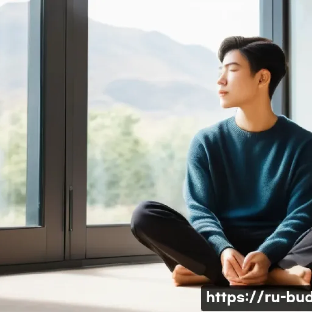 불교에서의 인간 관계학 - A serene and calm young adult, gender-neutral, sits in a comfortable, modest posture, perhaps cross-...