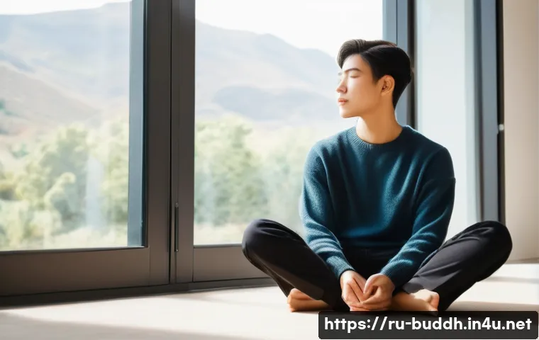 불교에서의 인간 관계학 - A serene and calm young adult, gender-neutral, sits in a comfortable, modest posture, perhaps cross-...