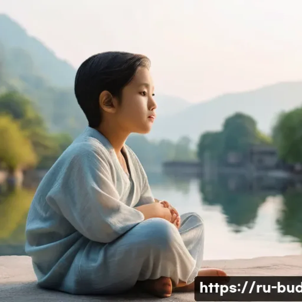 불교에서의 전생 - **Prompt:** A serene and introspective young adult, with a thoughtful expression, sits cross-legged ...