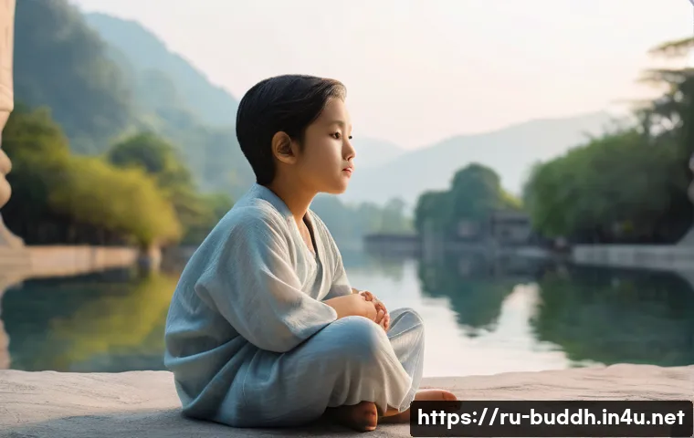 불교에서의 전생 - **Prompt:** A serene and introspective young adult, with a thoughtful expression, sits cross-legged ...
