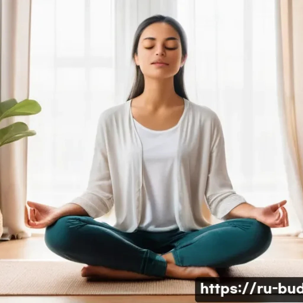 무상과 무아 - A serene scene of a young adult practicing mindful breathing meditation in a cozy, softly lit room w...