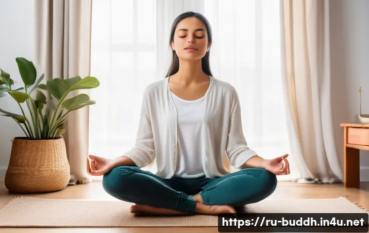 무상과 무아 - A serene scene of a young adult practicing mindful breathing meditation in a cozy, softly lit room w...
