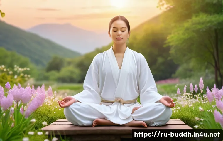 불교와 자연의 순환 - A serene Buddhist meditation scene set outdoors during the transition of seasons, showing a young ad...