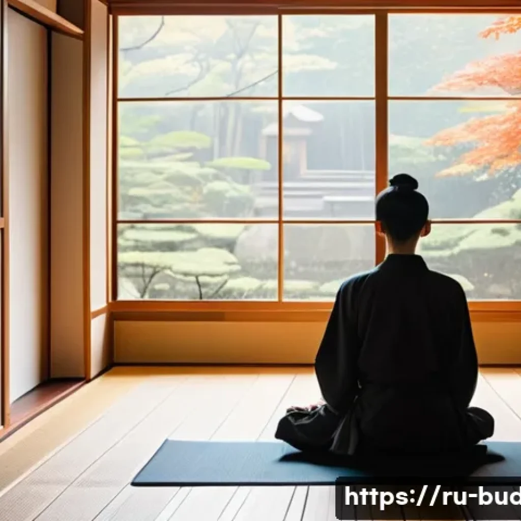 불교에서의 공 空  개념 - A serene scene of a meditating person sitting cross-legged on a wooden floor inside a minimalist Jap...