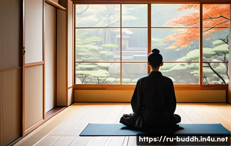 불교에서의 공 空  개념 - A serene scene of a meditating person sitting cross-legged on a wooden floor inside a minimalist Jap...