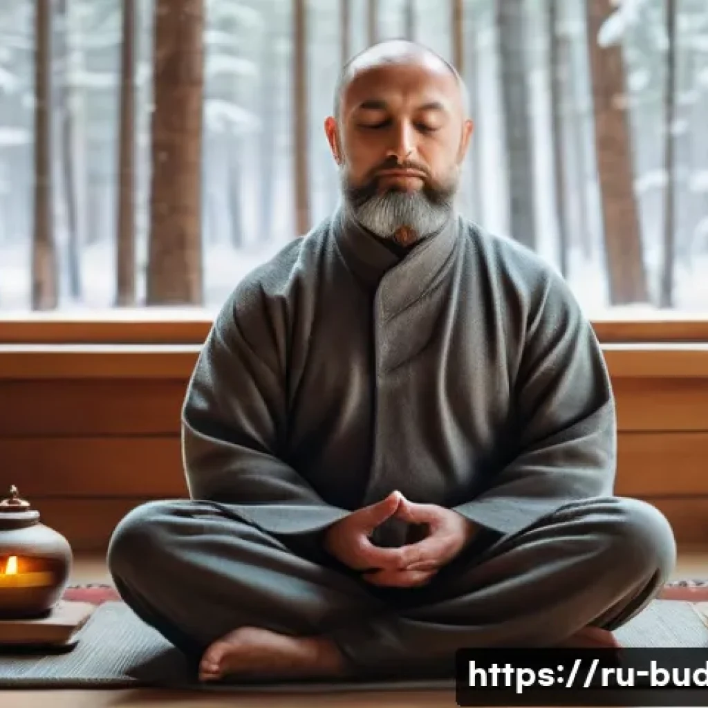 불교에서의 영적 성장법 - A serene scene of a middle-aged Russian man practicing mindfulness meditation in a cozy, softly lit ...
