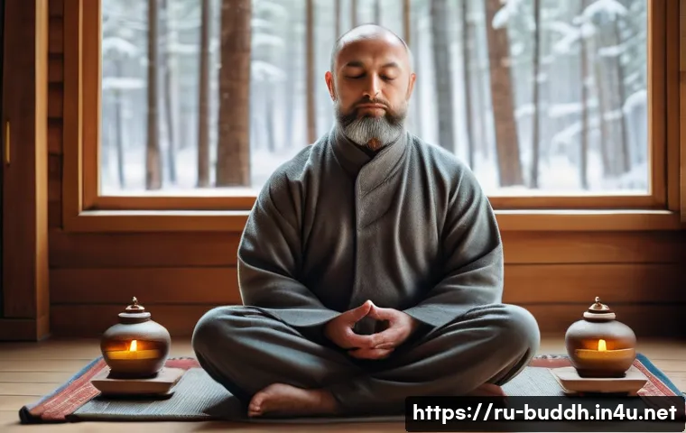 불교에서의 영적 성장법 - A serene scene of a middle-aged Russian man practicing mindfulness meditation in a cozy, softly lit ...