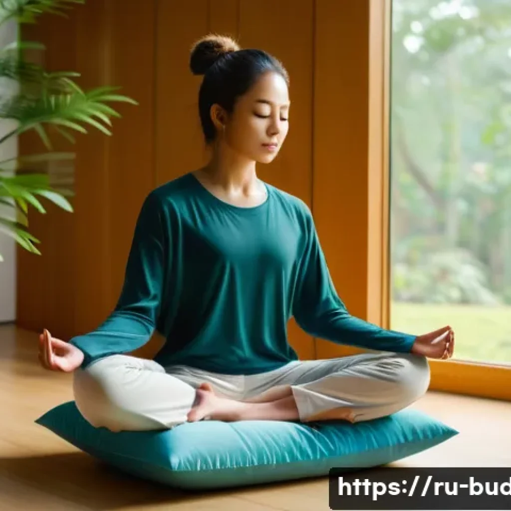 불교와 인공지능 - A serene scene depicting a young adult practicing mindful meditation in a minimalist, modern room wi...