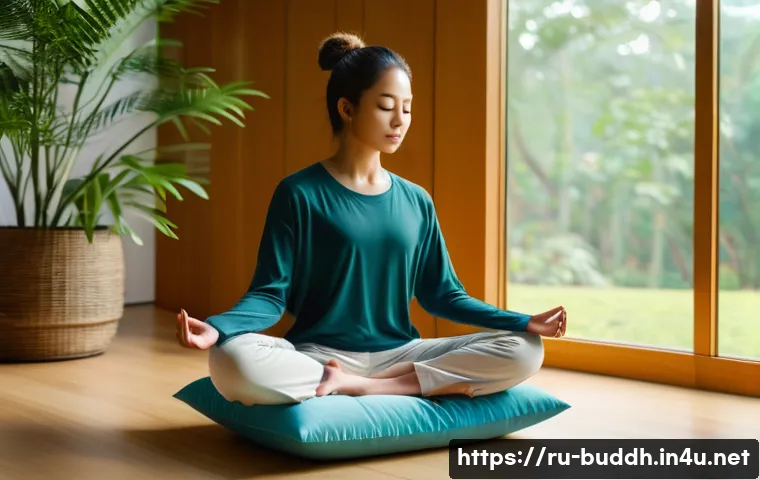 불교와 인공지능 - A serene scene depicting a young adult practicing mindful meditation in a minimalist, modern room wi...