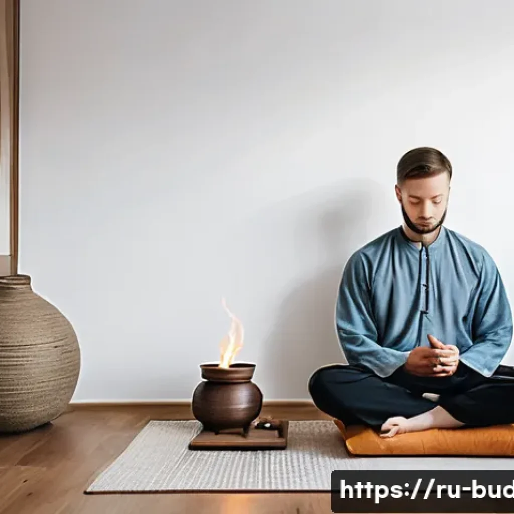 불교에서의 수양법 - A serene indoor meditation corner in a modern Russian apartment, featuring a soft cushion on a woode...