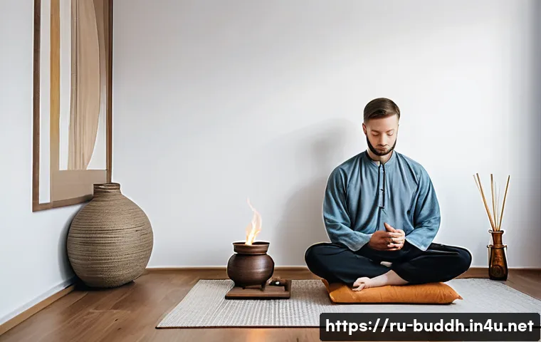 불교에서의 수양법 - A serene indoor meditation corner in a modern Russian apartment, featuring a soft cushion on a woode...