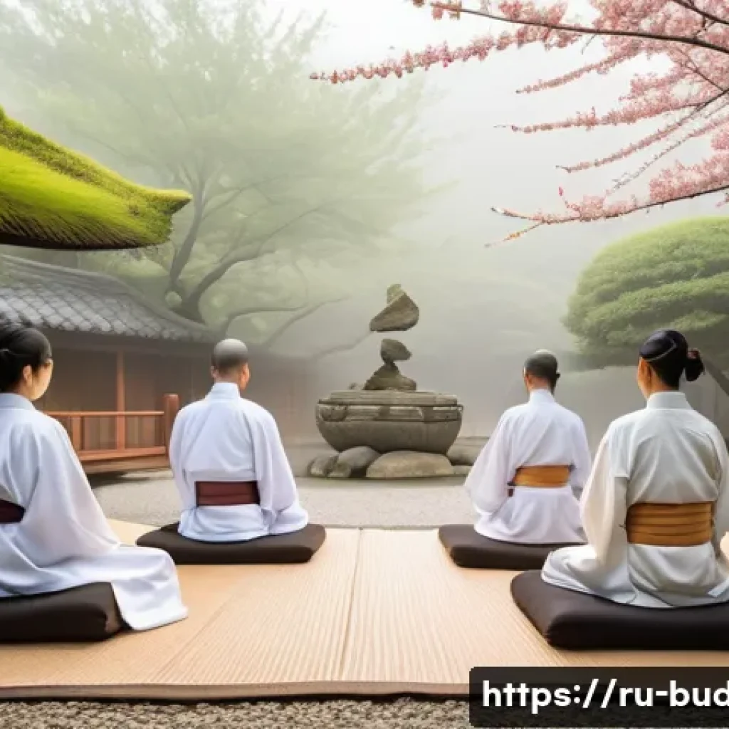 불교와 기독교 대화 - A serene Buddhist meditation scene set in a traditional Japanese Zen garden during early morning mis...