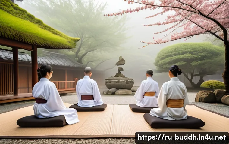 불교와 기독교 대화 - A serene Buddhist meditation scene set in a traditional Japanese Zen garden during early morning mis...