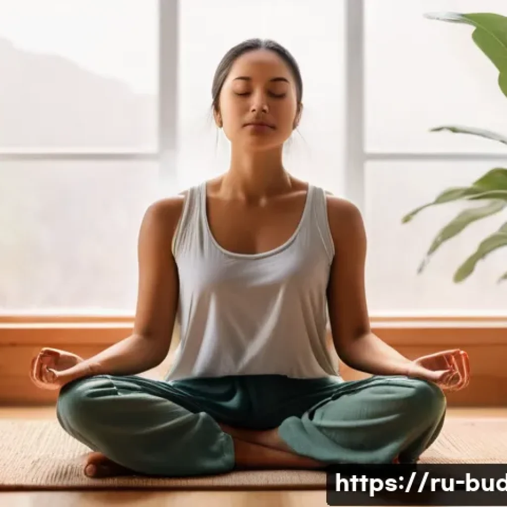 불교에서의 초월과 내재 - A serene meditation scene inside a cozy, softly lit room with a young adult sitting cross-legged on ...