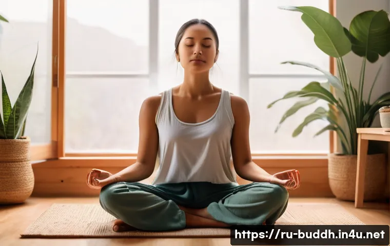 불교에서의 초월과 내재 - A serene meditation scene inside a cozy, softly lit room with a young adult sitting cross-legged on ...