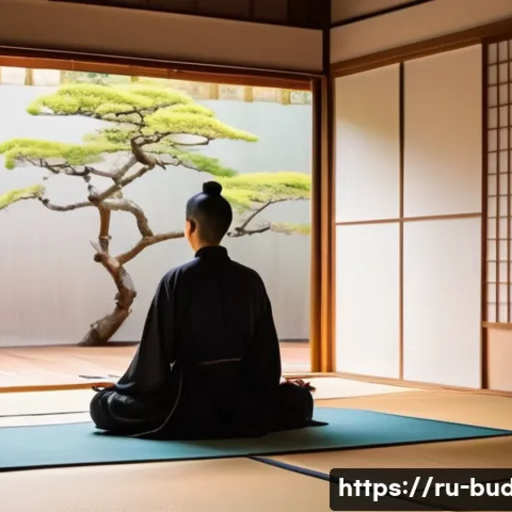 불교에서의 순수 지혜 - A serene scene depicting a meditating person seated cross-legged on a wooden floor in a minimalist J...