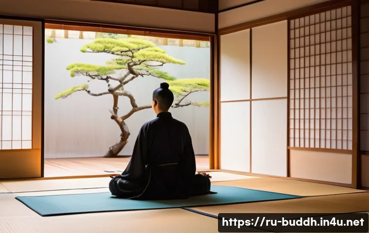 불교에서의 순수 지혜 - A serene scene depicting a meditating person seated cross-legged on a wooden floor in a minimalist J...