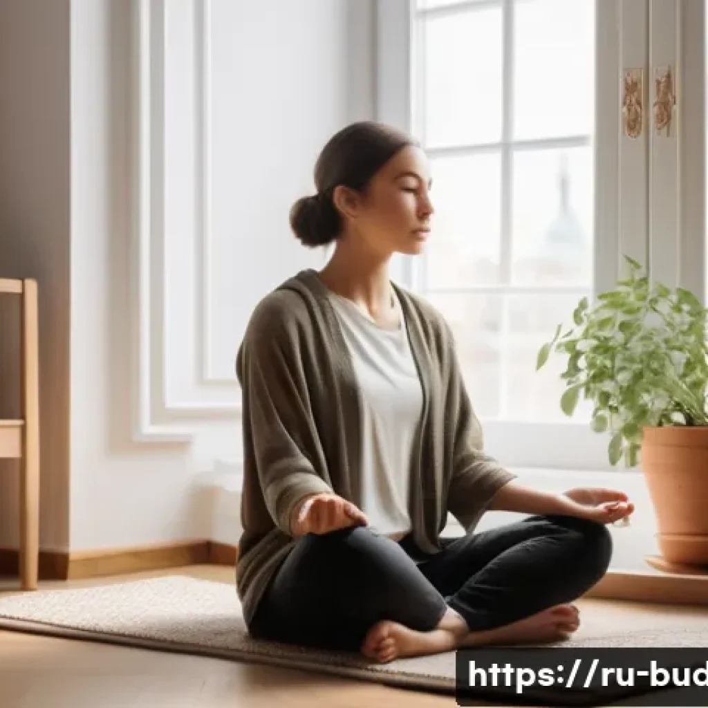 불교와 내적 평화 - A serene morning meditation scene in a cozy Russian apartment, featuring a young adult sitting cross...
