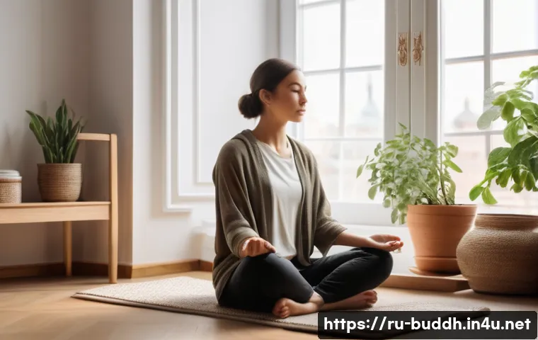불교와 내적 평화 - A serene morning meditation scene in a cozy Russian apartment, featuring a young adult sitting cross...
