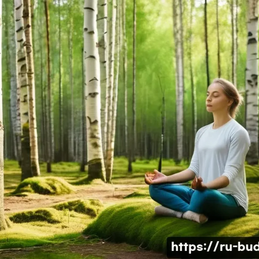 불교와 미래 세대 - A serene young adult meditating peacefully in a lush Russian birch forest during golden hour, wearin...
