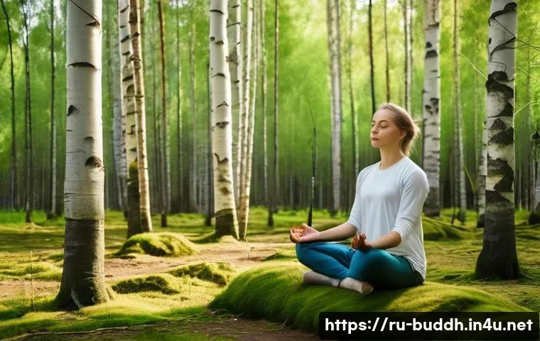 불교와 미래 세대 - A serene young adult meditating peacefully in a lush Russian birch forest during golden hour, wearin...