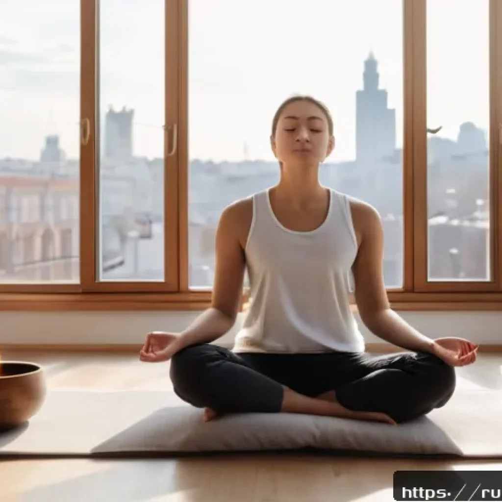불교의 영적 풍요 - A serene scene of a young adult practicing mindful breathing meditation in a quiet, sunlit urban apa...