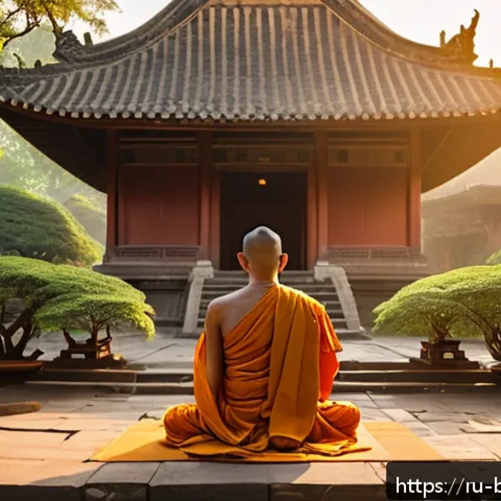 팔리 경전 - A serene Buddhist monk meditating peacefully in an ancient temple courtyard at sunrise, surrounded b...