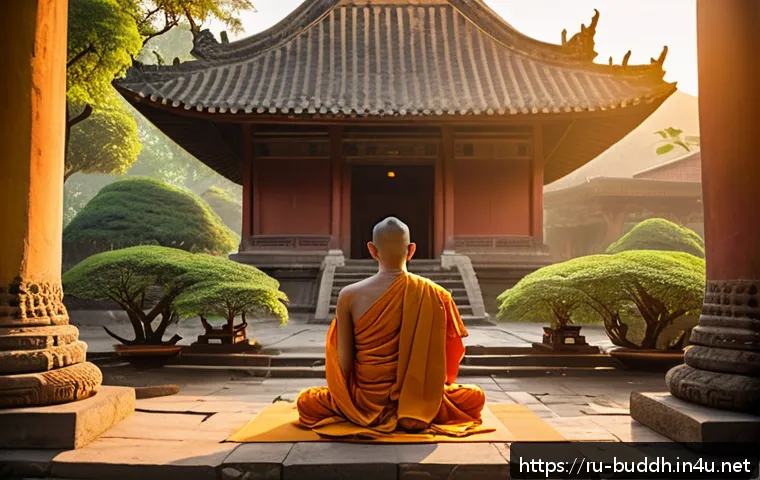 팔리 경전 - A serene Buddhist monk meditating peacefully in an ancient temple courtyard at sunrise, surrounded b...