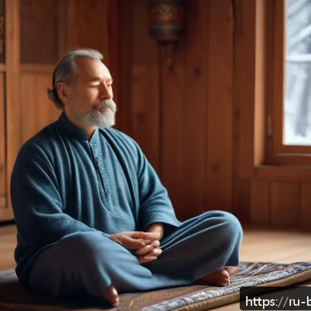 위빠사나 명상 - A serene indoor meditation scene featuring a middle-aged Russian man sitting comfortably on a cushio...