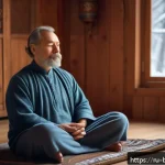 Home 22 위빠사나 명상 - A serene indoor meditation scene featuring a middle-aged Russian man sitting comfortably on a cushio...